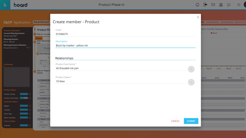 Board dashboard enabling the easy addition of a new product